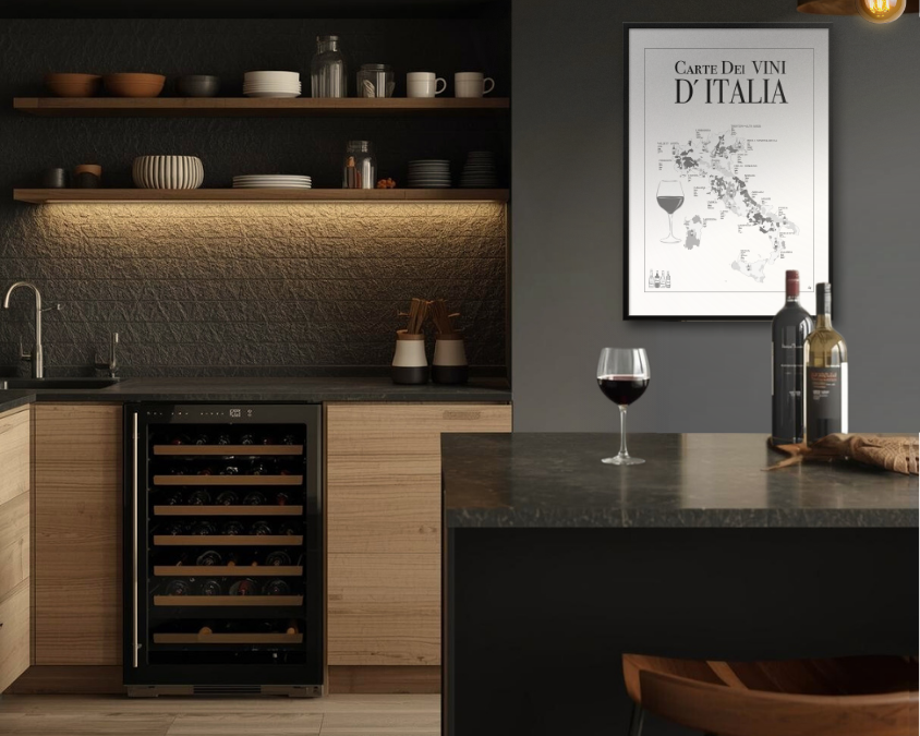 Poster med en karta över Italiens vinregioner. I ett mörkt kök. Vin med denlert